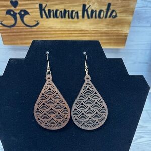 Laser Carved Wood Brown Teardrop Earrings